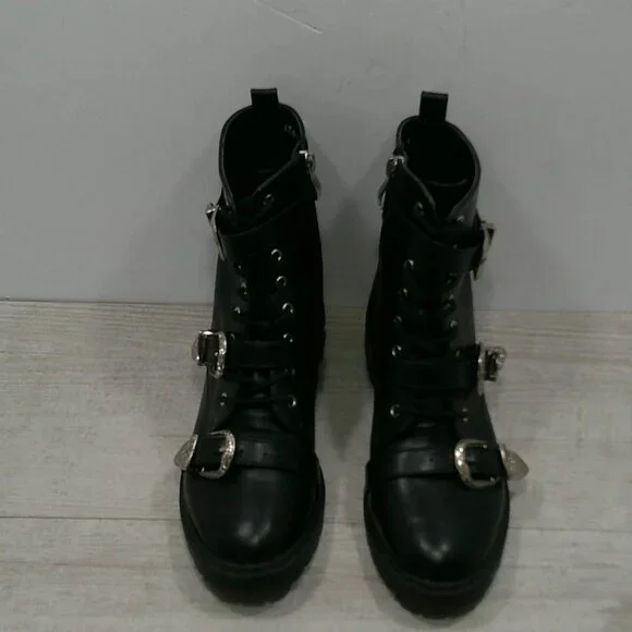 Dolls Kill Combat Moto Lace up Black Boots with Silver Buckle Strap Size 6 - Picture 13 of 13